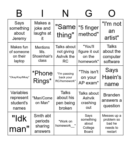 Mr. Nguyen out of Context Bingo Card