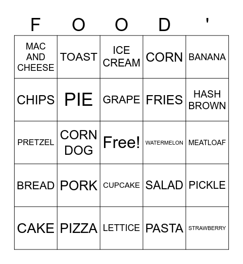 FOOD BINGO Card