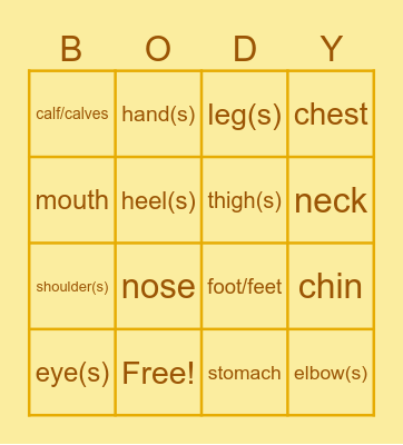 Body Parts Bingo Card