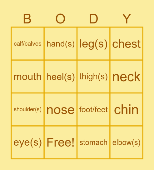 Body Parts Bingo Card