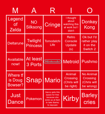 Nintendo Direct Predictions 3/27/25 Bingo Card