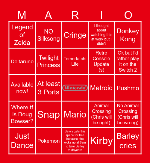 Nintendo Direct Predictions 3/27/25 Bingo Card