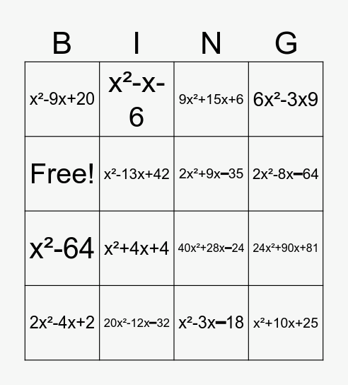 Polynomials Bingo Card