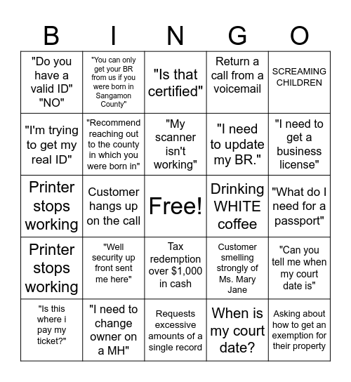 County Clerk Bingo Card