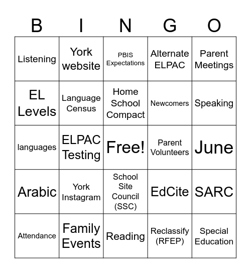 ELAC Bingo and Bites Bingo Card