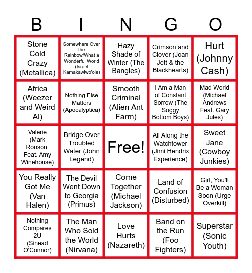 MUSIC BINGO at the Ann Arbor Eagles! Unexpected Covers! Bingo Card