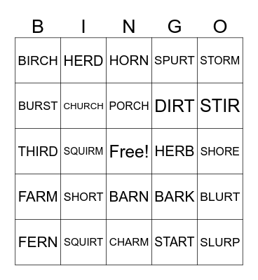 AR  OR  IR  ER  UR Bingo Card