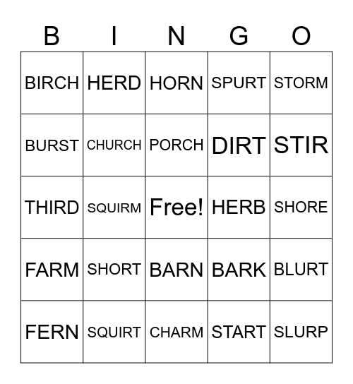 AR  OR  IR  ER  UR Bingo Card