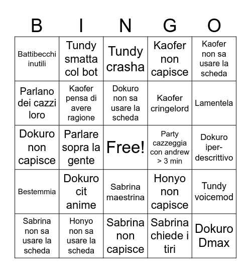Bingo Nuova Sangue Bingo Card