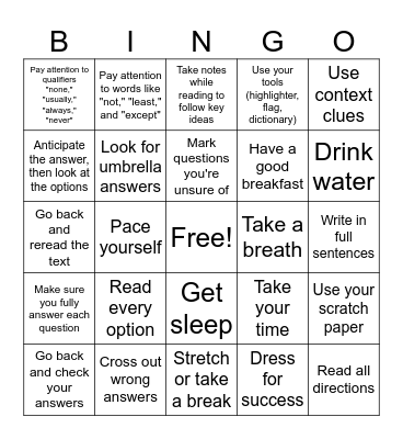 Test Taking Skills Bingo Card