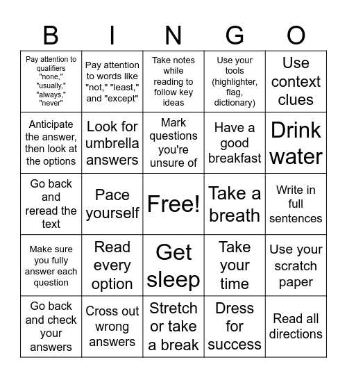 Test Taking Skills Bingo Card