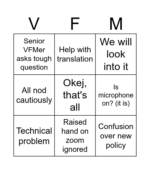 Deparment meeting bingo Card