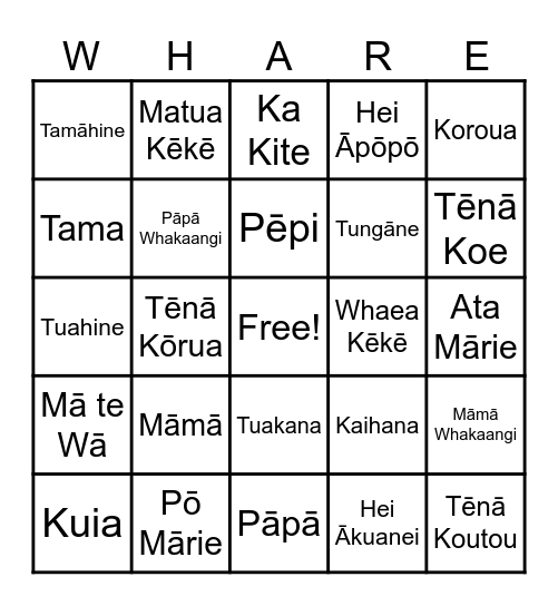 Whānau and Greetings Bingo Card