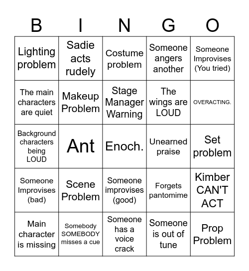 Musical Theater Class BINGO Card