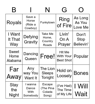 Sing Along Songs 2.0 Bingo Card