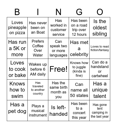 CYA Bingo Card