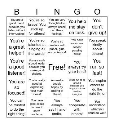 Compliments Bingo Card