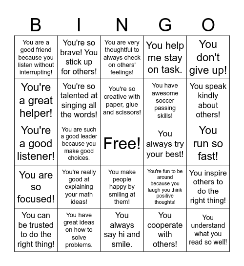 Compliments Bingo Card