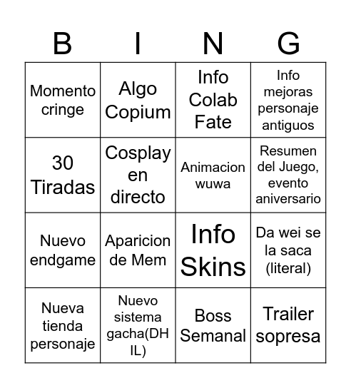 Honkai Star Rail 3.2 Aniversario Bingo Card