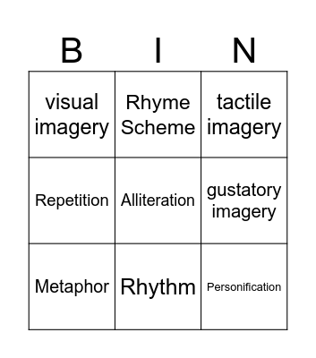Poetry Bingo Card