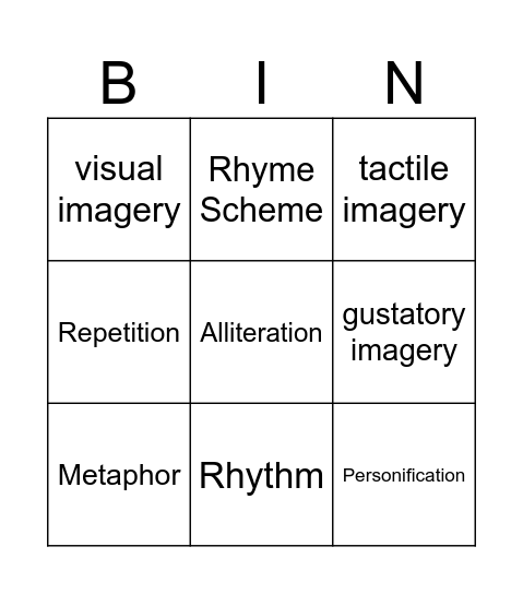 Poetry Bingo Card