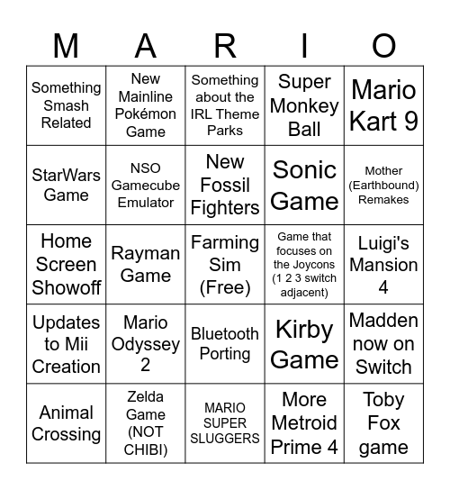 Nintendo Direct Switch 2 Bingo Card