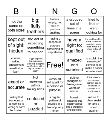 5th grade Vocabulary Review 1 Bingo Card