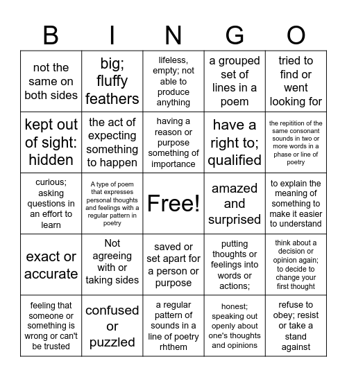 5th grade Vocabulary Review 1 Bingo Card