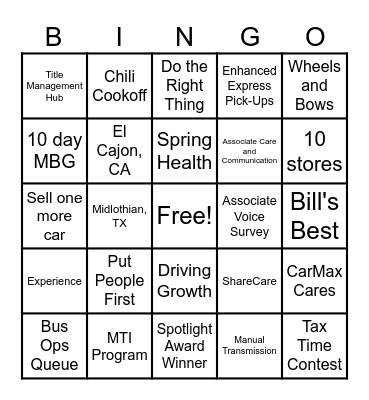 CARMAX BINGO Card