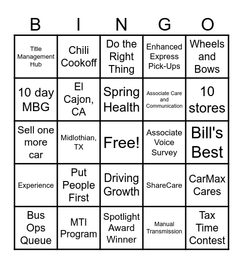 CARMAX BINGO Card