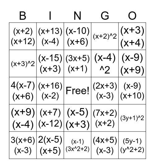 Factor Review Bingo Card