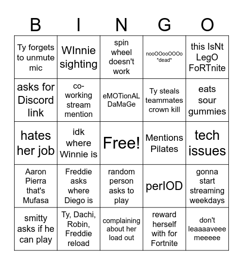 Fornite BINGO Card