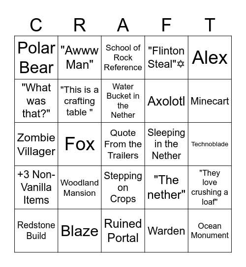 Minecraft Movie Bingo Card