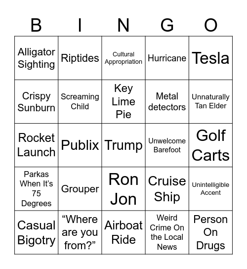 Florida Vacation Bingo Card
