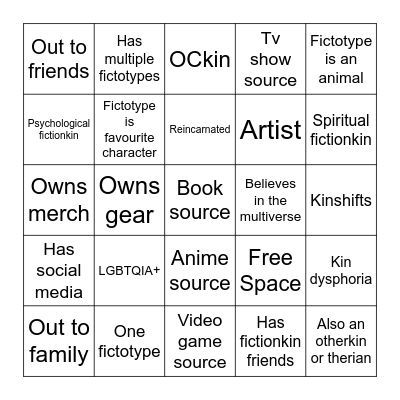 Fictionkin Bingo Card