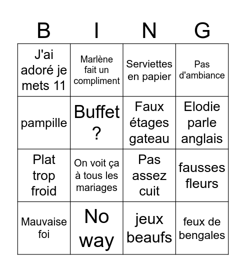 4 mariages Bingo Card