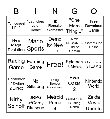 Nintendo Direct Bingo Card