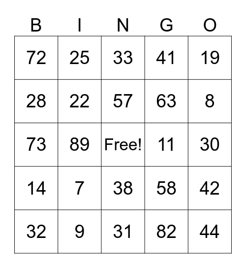 Number Bingo 1-75 Bingo Card