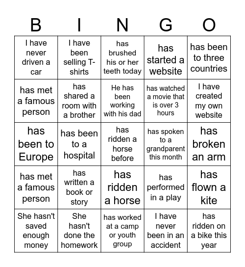 Present Perfect Tense Bingo Card