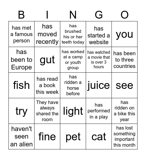 Present Perfect Tense Bingo Card