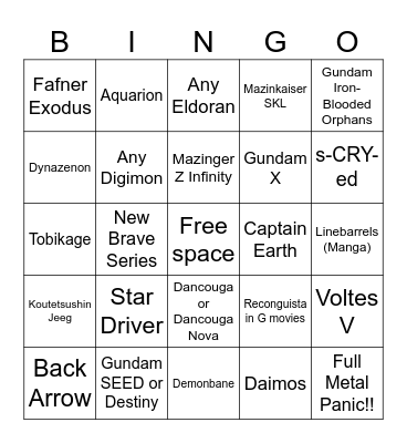 Bingo for Super Robot Wars Y Bingo Card