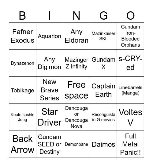 Bingo for Super Robot Wars Y Bingo Card