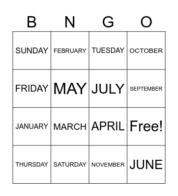 Days & Months Bingo Card