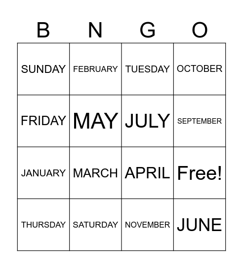 Days & Months Bingo Card
