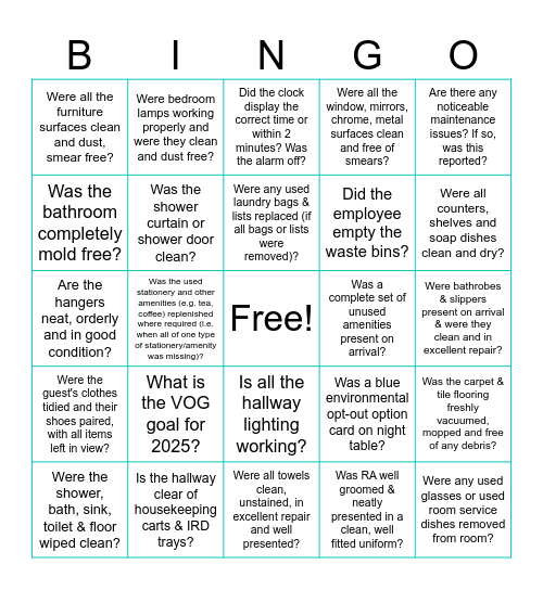 Housekeeping Bingo - WEEK 1 Bingo Card