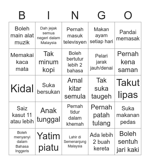 Cari seseorang di dalam bilik ini yang menepati ciri-ciri berikut, tulis namanya dan pangkah kotak Bingo Card