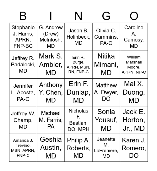 Doctors Day Bingo Card