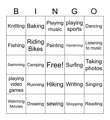 Hobbies Bingo Card