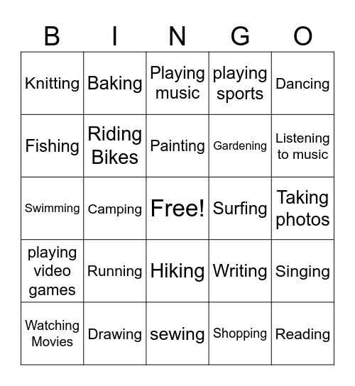 Hobbies Bingo Card