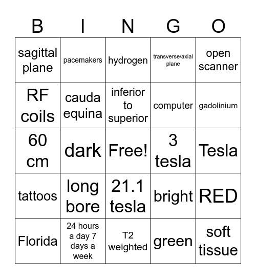 MRI Bingo Card